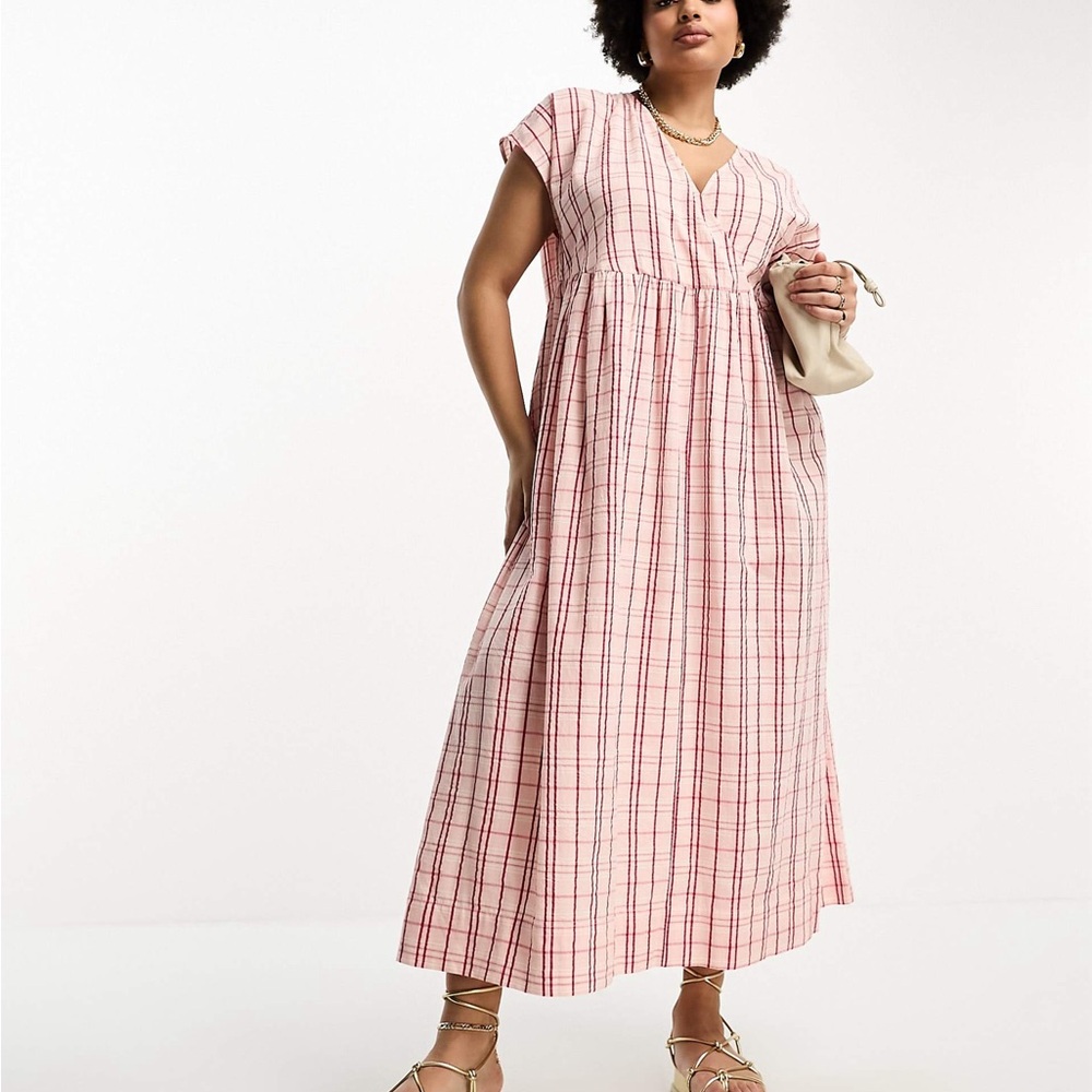 Asos Cotton V Neck Midi Pink Check Smock Dress 🌷